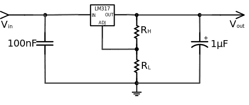 Un diagramme schématique typique du LM317.  Le composant principal, LM317 IC est utilisé comme régulateur de tension réglable.
