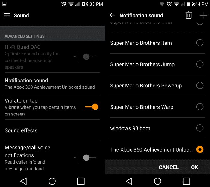 L'écran des options de sons et l'écran des sons des notifications.