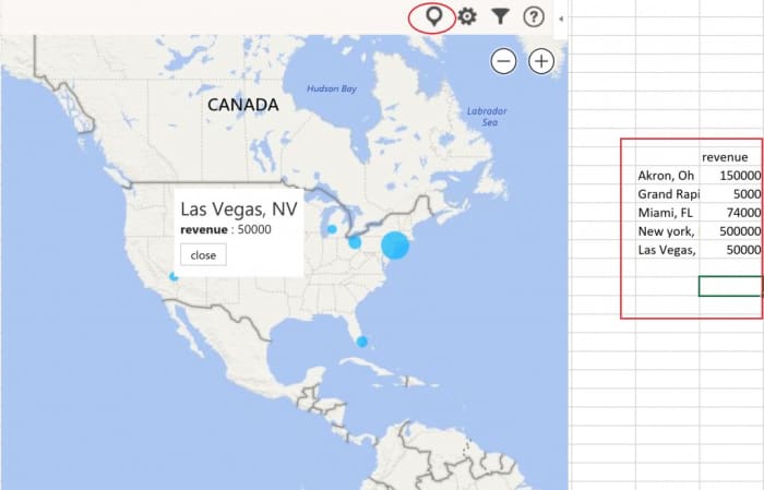 La carte Bing fonctionne mieux lorsqu'elle est utilisée avec des données qui doivent afficher des emplacements.  Les emplacements peuvent être déterminés par code postal, ville, région ou même par pays.  La carte peut être utilisée pour marquer des emplacements dans n'importe quel pays du monde.  