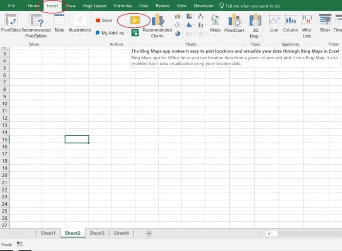 Si votre version de Microsoft Excel ne dispose pas du complément Bing Maps, recherchez la section des compléments sous l'onglet Insertion et cliquez sur le 