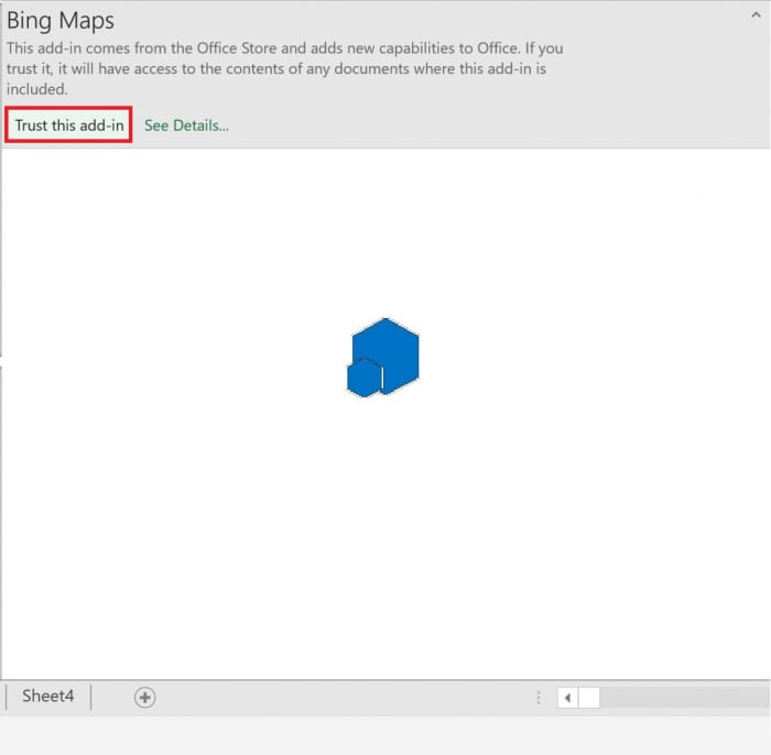 Microsoft vous fait faire confiance au complément Bing Maps pour vous assurer que vous comprenez que vos données ne sont pas privées.  N'oubliez pas que le complément Bing Maps a accès à tout contenu du classeur dans lequel il s'exécute. 