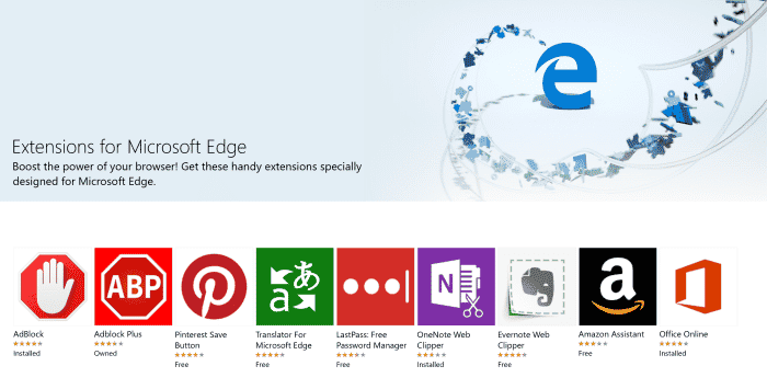 Extensions Microsoft Edge dans le Windows Store