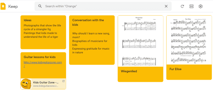 Exemple pour montrer comment vous pouvez organiser les activités de votre enfant par codage couleur Google Keep Notes