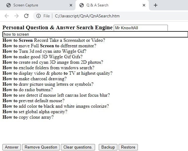 Capture d'écran d'un moteur de recherche personnel de questions et réponses.