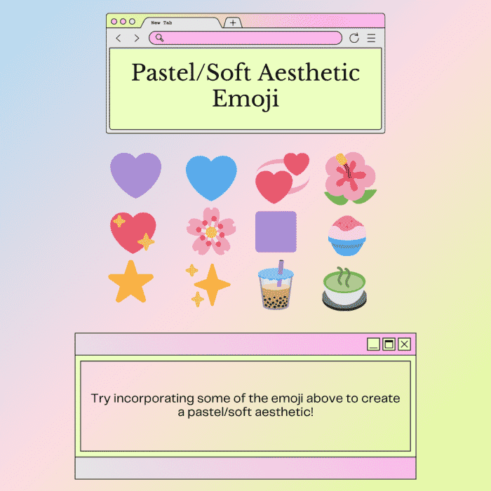 Voici quelques exemples d'emoji que vous pourriez utiliser pour recréer l'esthétique pastel ou douce !