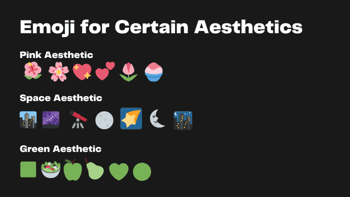 Quelques exemples d'esthétiques diverses que vous pourriez recréer simplement en ajoutant des emoji à votre nom.