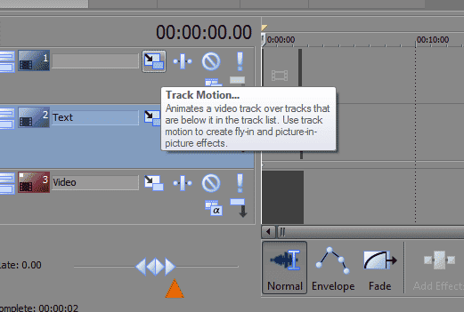 Le bouton 'Track Motion' dans Sony Movie Studio Platinum.  Cette option vous permet de déplacer tous les objets sur une seule piste.