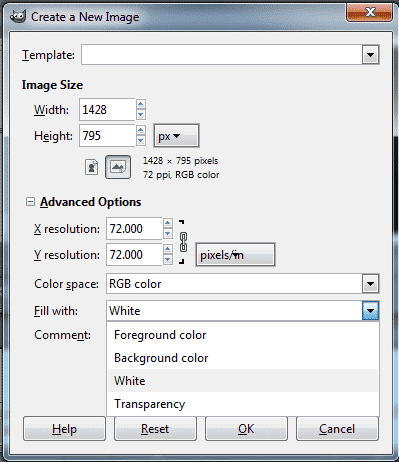 Création d'un nouveau canevas dans GIMP, avec les paramètres nécessaires pour un arrière-plan transparent.