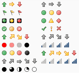 Exemples de jeux d'icônes disponibles dans Excel 2007 et Excel 2010.