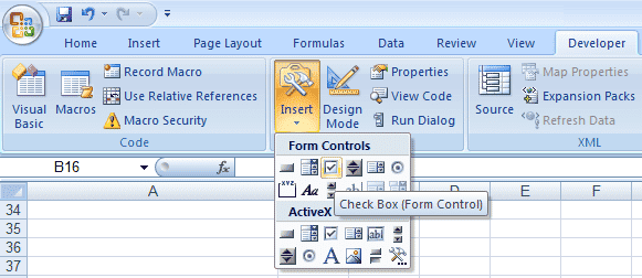 Création d'une case à cocher dans Excel 2007 ou Excel 2010.