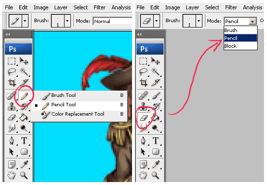 Sélection de l'outil crayon dans Photoshop pour appliquer et effacer des pixels.