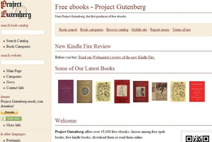 Page d'accueil du projet Gutenberg.