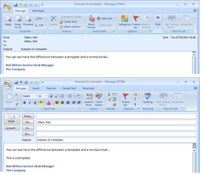 Exemple d'un message électronique normal (en haut) et d'un modèle (en bas) créés dans Outlook 2007 ou Outlook 2010 pour illustrer les différences.