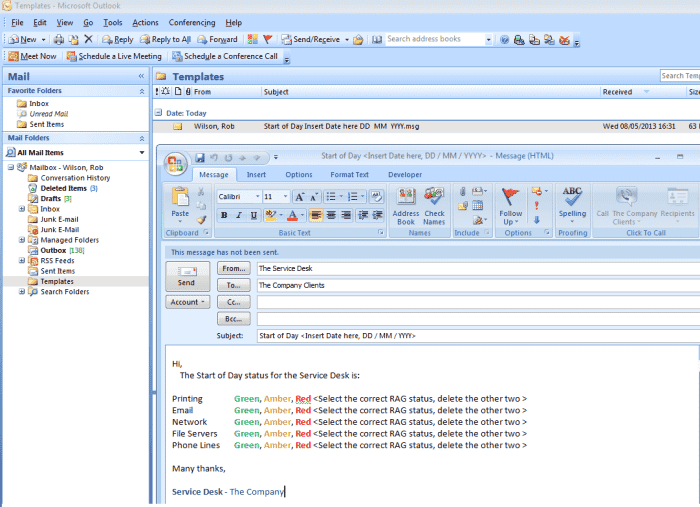 Notre modèle terminé, stocké dans un dossier Outlook dans une boîte aux lettres partagée prête à être utilisée dans Outlook 2007 ou Outlook 2010.