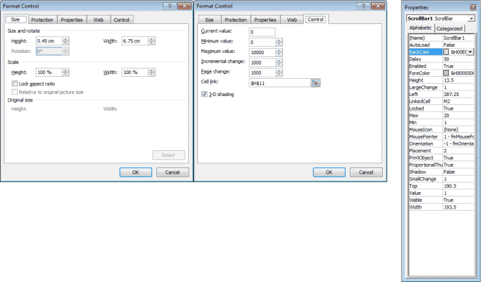 Les options configurables disponibles pour les barres de défilement dans Excel 2007 et Excel 2010. Les options disponibles pour les contrôles de formulaire sont à gauche et au milieu.  Les barres de contrôle ActiveX ont les trois à leur disposition.