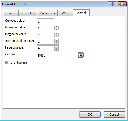 Configuration de la plage utilisée et des incréments choisis dans une barre de défilement dans Excel 2007 et Excel 2010.