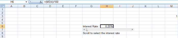 Formule utilisée pour convertir la sortie d'une barre de défilement de nombres entiers en fractions dans Excel 2007 et Excel 2010.