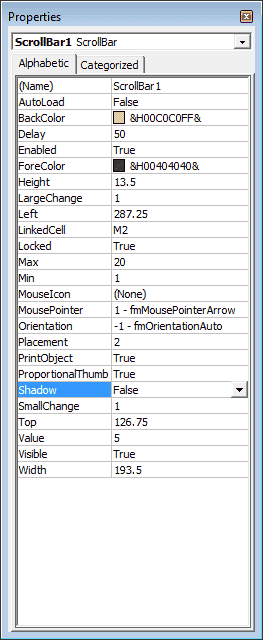 Options configurables disponibles pour les barres de défilement des contrôles ActiveX dans Excel 2007 et Excel 2010.