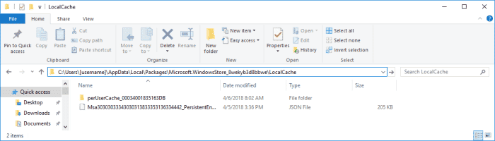 Vue actuelle de mon dossier LocalCache - Votre chemin doit ressembler à votre propre nom d'utilisateur PC et à l'ID unique du dossier Windows Store.