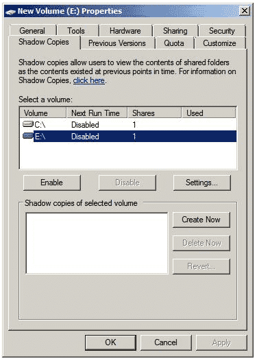 Onglet Shadow Copy affichant les paramètres par défaut, avant l'activation du Shadow Copy.
