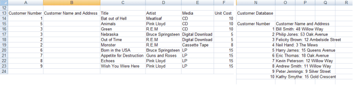 Carnet de commandes et base de données client utilisés par VLOOKUP pour récupérer les détails du client dans Excel 2007 et Excel 2010.