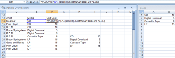 Illustration d'une formule VLOOKUP à l'aide de deux classeurs dans Excel 2007 et Excel 2010.