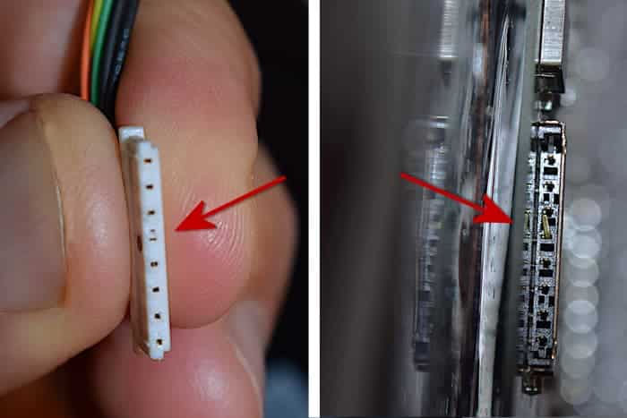 Dommages causés à la broche de la douille du connecteur par le plastique de mauvaise qualité de la fiche du connecteur de la batterie.