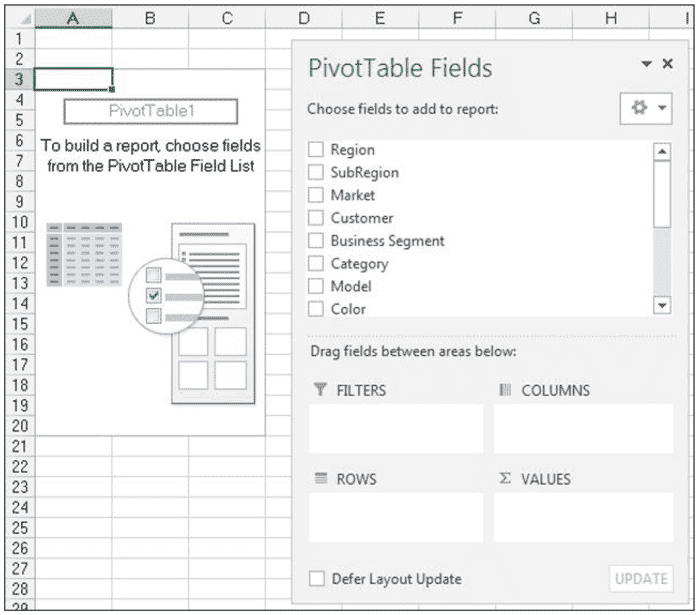 Une fois le tableau croisé dynamique créé, l'utilisateur Excel dispose d'options pour configurer le tableau croisé dynamique.  Chaque champ signalé doit être classé comme une ligne, une colonne, un filtre ou une valeur pour créer le tableau croisé dynamique.