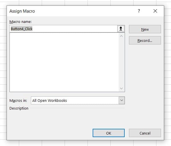 La fenêtre d'attribution de macro vous donne la possibilité de démarrer une nouvelle macro en enregistrant sur votre bouton ou en ajoutant du code Visual Basic à votre bouton.  Pour ajouter une fonctionnalité à un bouton, l'une de ces options doit être sélectionnée.