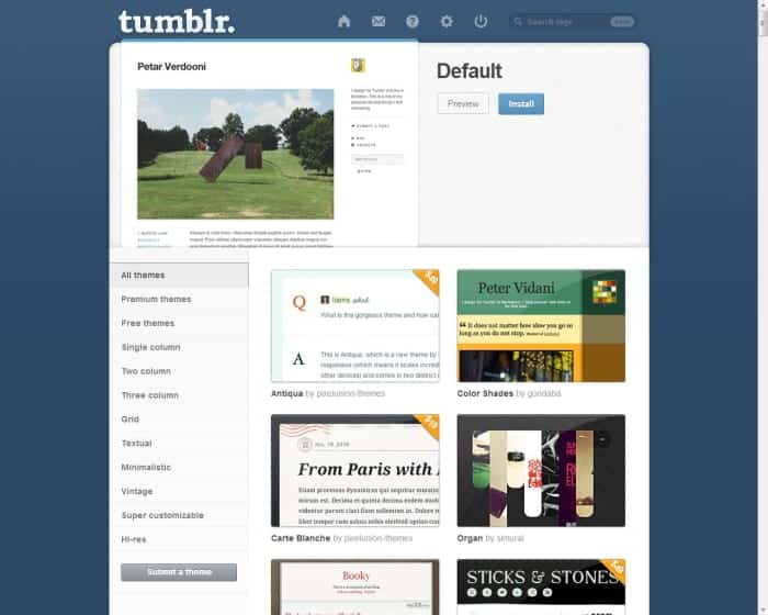 Tumblr propose de nombreux thèmes gratuits et payants disponibles sur le site.