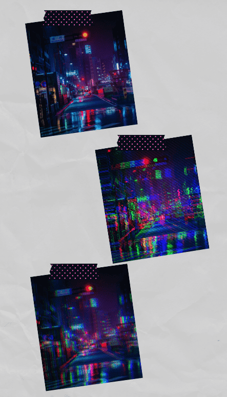 Quelques exemples d'effets de glitch appliqués aux images.  La première image est l'originale, sans aucun effet appliqué.