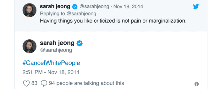 Des tweets comme ceux-ci de Sarah Jeong ont provoqué un tollé lorsque les utilisateurs de Twitter ont déterré ses anciens tweets. 
