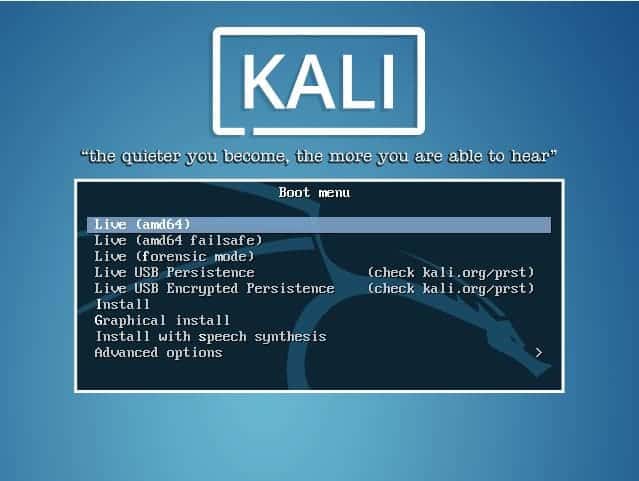 Menu de démarrage de Kali Linux.