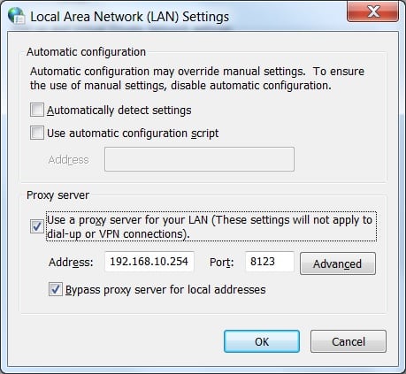 Ajout de l'adresse IP proxy via le panneau de configuration des paramètres LAN.