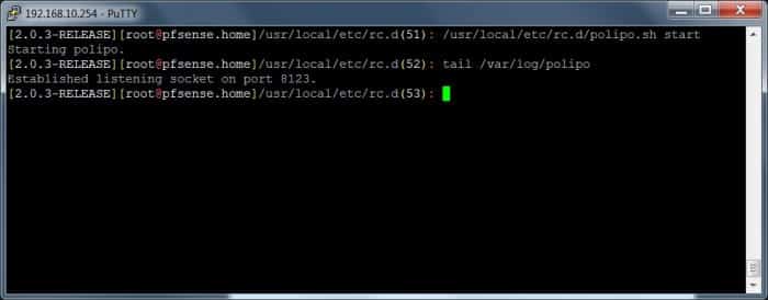 Démarrage du serveur proxy Web Polipo à l'aide du shell SSH.