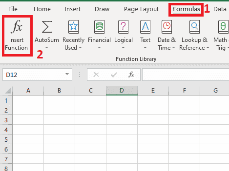 L'illustration ci-dessus montre où trouver le bouton de fonction d'insertion sur le ruban Excel situé sous l'onglet Formules. 