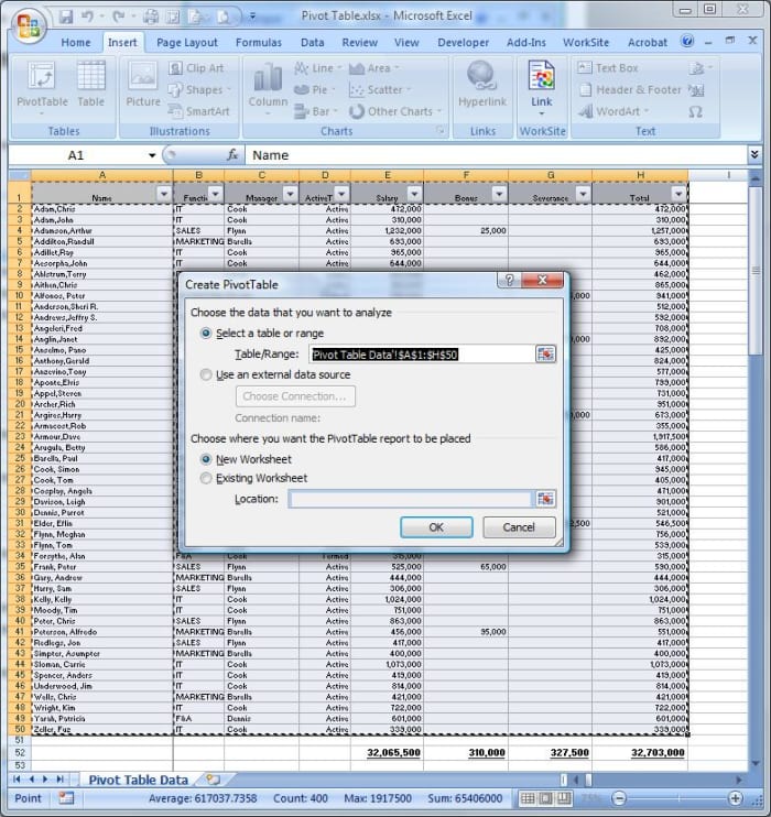 Sélectionnez l'option Tableau croisé dynamique dans le menu Insertion du ruban Excel.