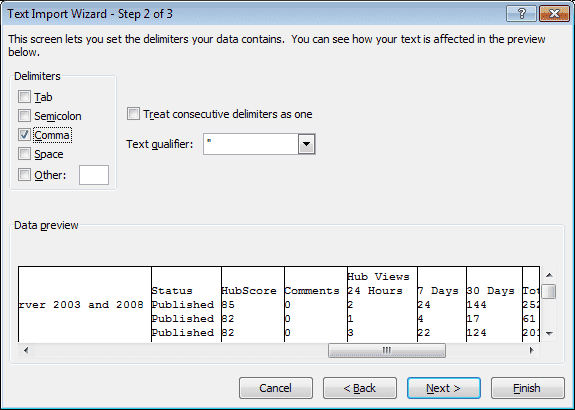 Assistant d'importation de texte, étape 2 ou 3 dans Excel 2007.