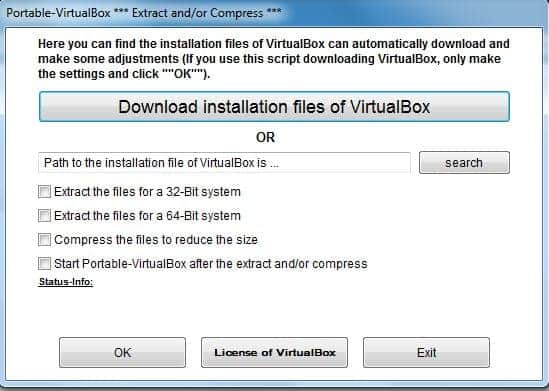 La fenêtre des options lorsque Portable-VirtualBox s'exécute.