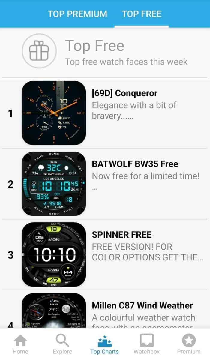 Cliquez sur Top Charts en bas de l'application Facer, puis sur Top Free en haut pour voir une liste des cadrans gratuits populaires pour votre montre Samsung Galaxy 4