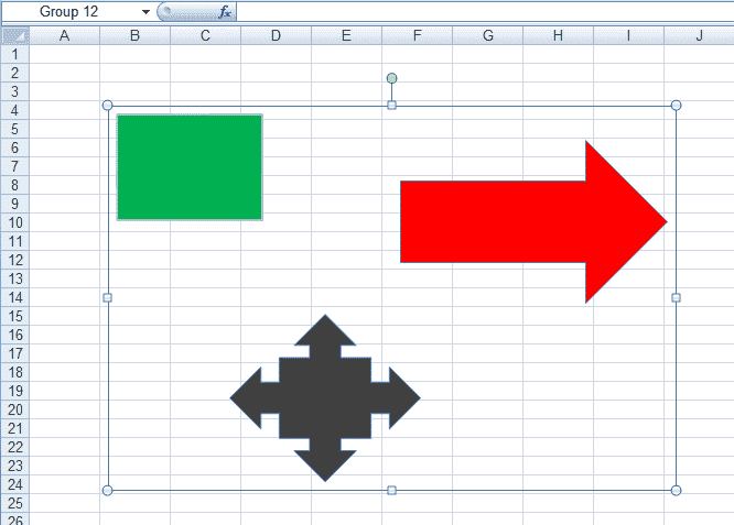 Figure 7 : Formes ajoutées à un groupe appelé Groupe 12 dans Excel 2007 et Excel 2010.