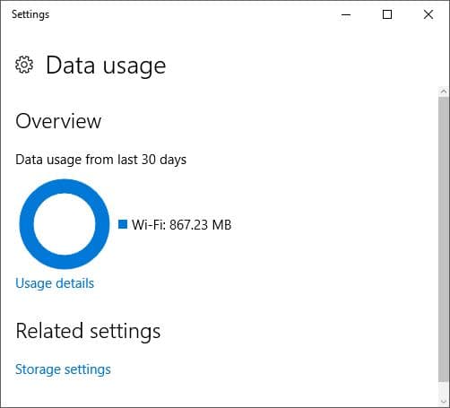Windows 10 garde une trace de la quantité de données utilisées au cours des 30 derniers jours, ou depuis votre dernière connexion à votre routeur sans fil, ou connecté via Ethernet.