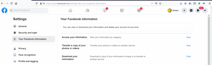 Accéder à l'option de téléchargement d'informations pour les pages Facebook personnelles
