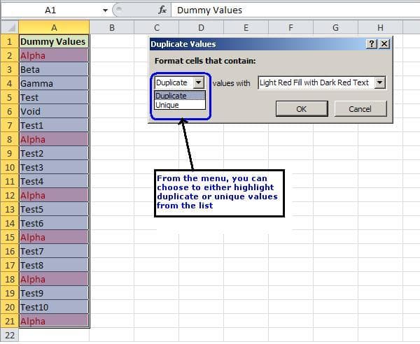 MS Excel - Mettez en surbrillance les valeurs en double ou uniques