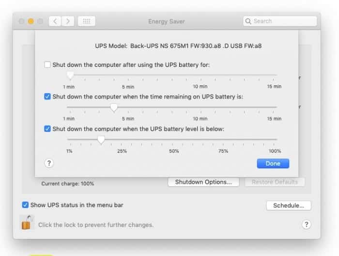 Menu des paramètres d'économie d'énergie de Mac OS X pour UPS