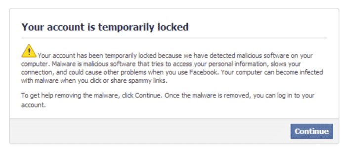 Connexion Facebook : logiciel malveillant—temporairement verrouillé.