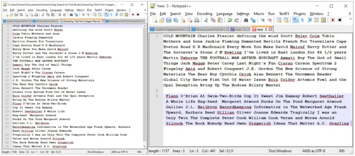 Données auteur/titre des livres (à gauche) dans l'ordre gauche-droite, et concaténées pour l'entrée dans les métadonnées (à droite).
