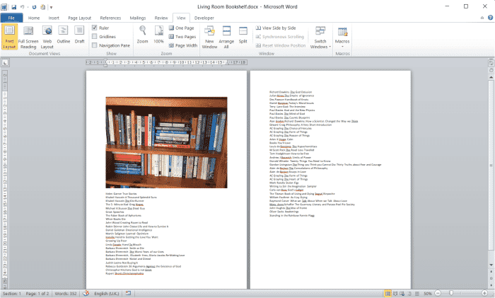 Document Word combinant une image de bibliothèque et une liste d'auteurs/titres