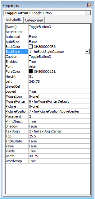 Options configurables pour un bouton bascule dans Excel 2007 et Excel 2010.