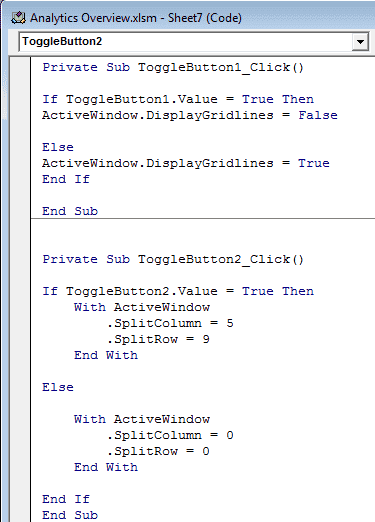 Code complet utilisé pour activer/désactiver les lignes de grille et activer/désactiver les écrans partagés dans deux boutons bascule créés dans Excel 2007 et Excel 2010. 
